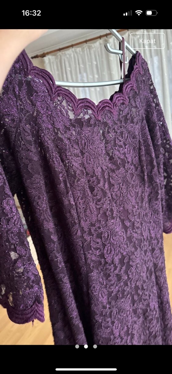 Mor Dantel Detaylı Uzun Kollu Midi Elbise - Görsel 4