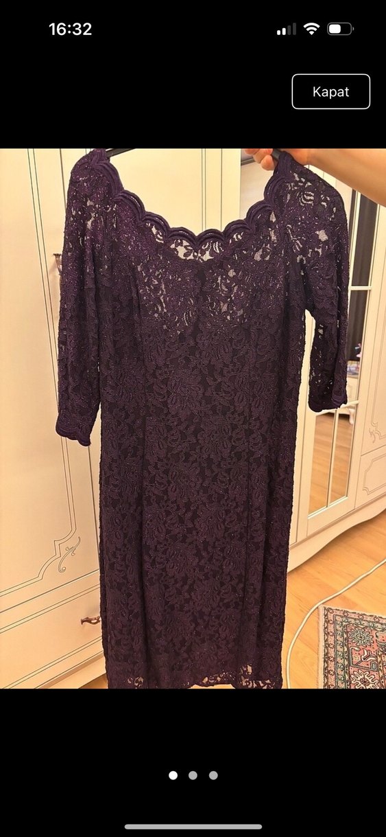 Mor Dantel Detaylı Uzun Kollu Midi Elbise - Görsel 3