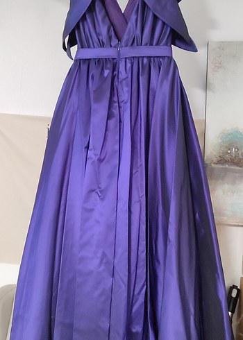 Parlak Mor V Yakalı Uzun Drapeli Abiye Elbise - Görsel 3