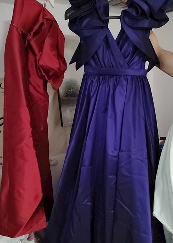 Parlak Mor V Yakalı Uzun Drapeli Abiye Elbise - Görsel 7