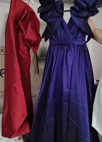 Parlak Mor V Yakalı Uzun Drapeli Abiye Elbise - Görsel 6