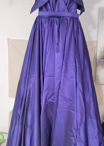 Parlak Mor V Yakalı Uzun Drapeli Abiye Elbise - Görsel 2