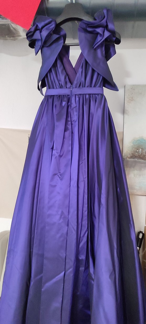 Parlak Mor V Yakalı Uzun Drapeli Abiye Elbise - Görsel 3