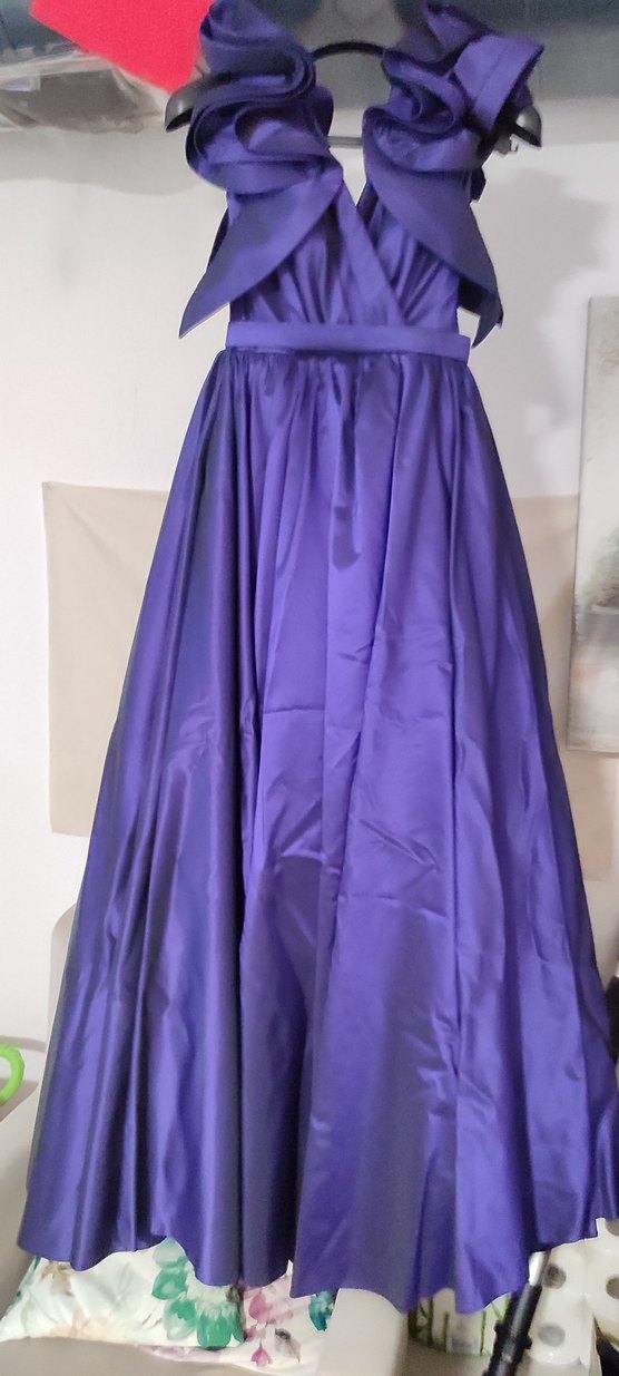 Parlak Mor V Yakalı Uzun Drapeli Abiye Elbise - Görsel 2