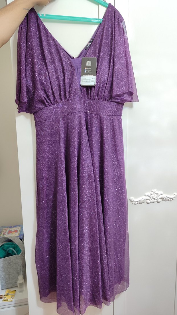 Parlak Mor V Yaka Midi Abiye - Görsel 5