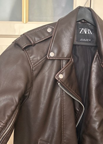 ZARA Kahverengi Deri Biker Ceket - Görsel 3