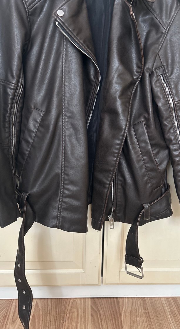 ZARA Kahverengi Deri Biker Ceket - Görsel 4