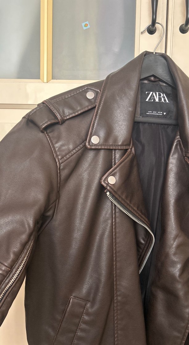 ZARA Kahverengi Deri Biker Ceket - Görsel 3