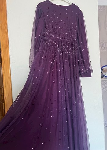 Kadın Mor Uzun Kollu tesettür Abiye Elbise - Görsel 3