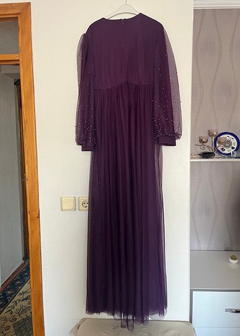 Kadın Mor Uzun Kollu tesettür Abiye Elbise - Görsel 5