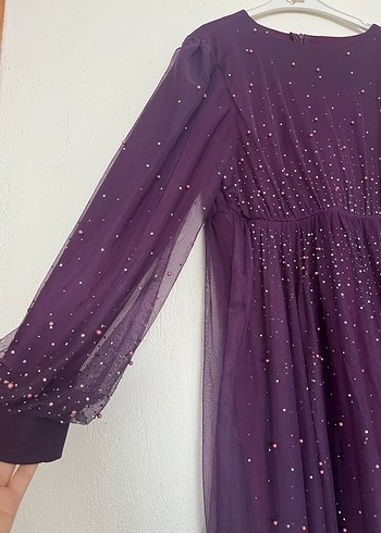 Kadın Mor Uzun Kollu tesettür Abiye Elbise - Görsel 2