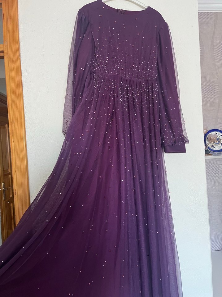 Kadın Mor Uzun Kollu tesettür Abiye Elbise - Görsel 3