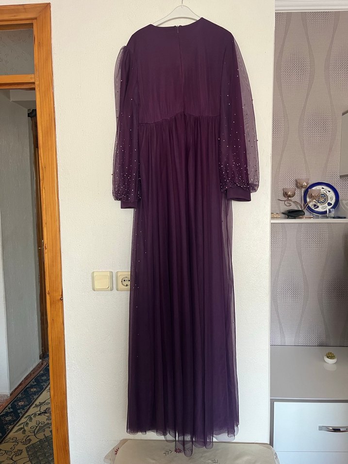 Kadın Mor Uzun Kollu tesettür Abiye Elbise - Görsel 5