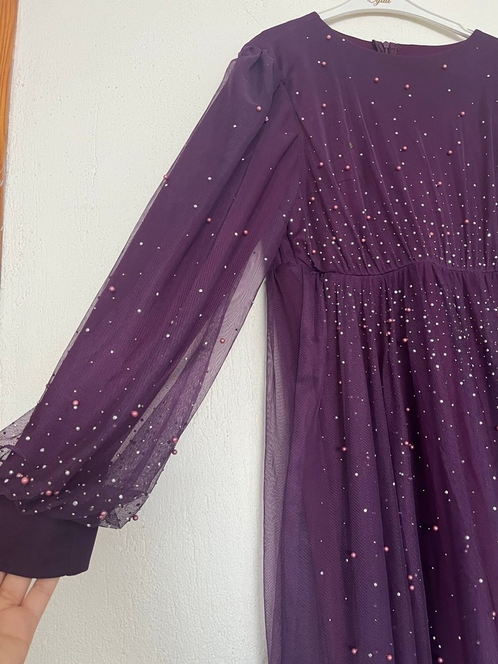 Kadın Mor Uzun Kollu tesettür Abiye Elbise - Görsel 2