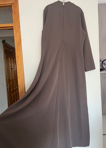 Kahverengi Uzun Kollu Kadın Abiye Elbise - Görsel 4
