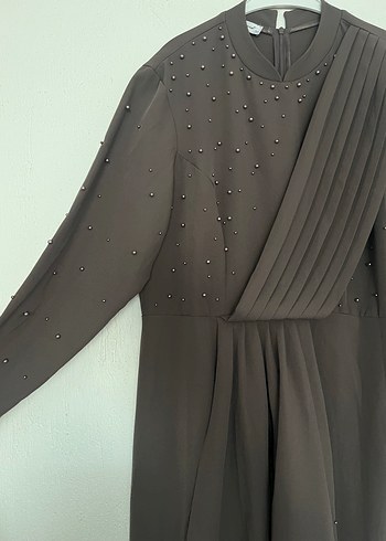 Kahverengi Uzun Kollu Kadın Abiye Elbise - Görsel 2