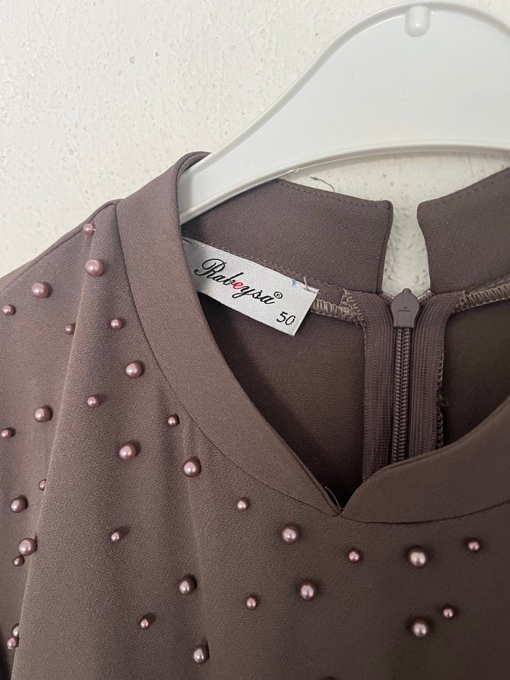 Kahverengi Uzun Kollu Kadın Abiye Elbise - Görsel 3