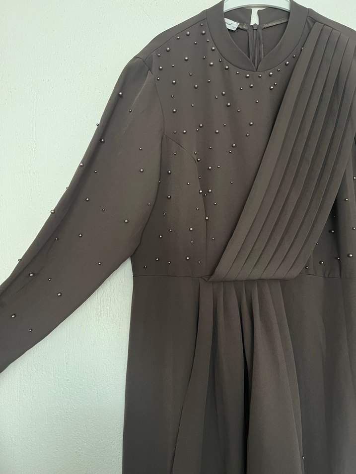 Kahverengi Uzun Kollu Kadın Abiye Elbise - Görsel 2