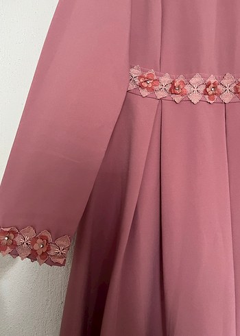 Gül kurusu  bel ve kol detaylı  Uzun Kollu Kadın Elbise - Görsel 2