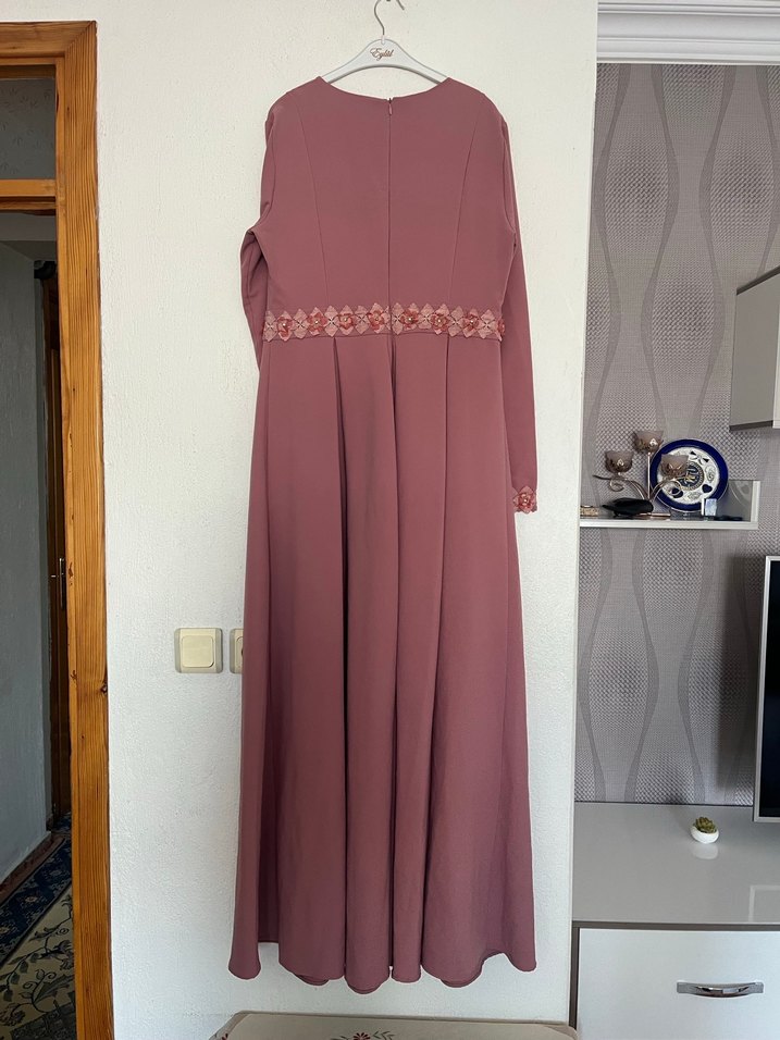 Gül kurusu  bel ve kol detaylı  Uzun Kollu Kadın Elbise - Görsel 4