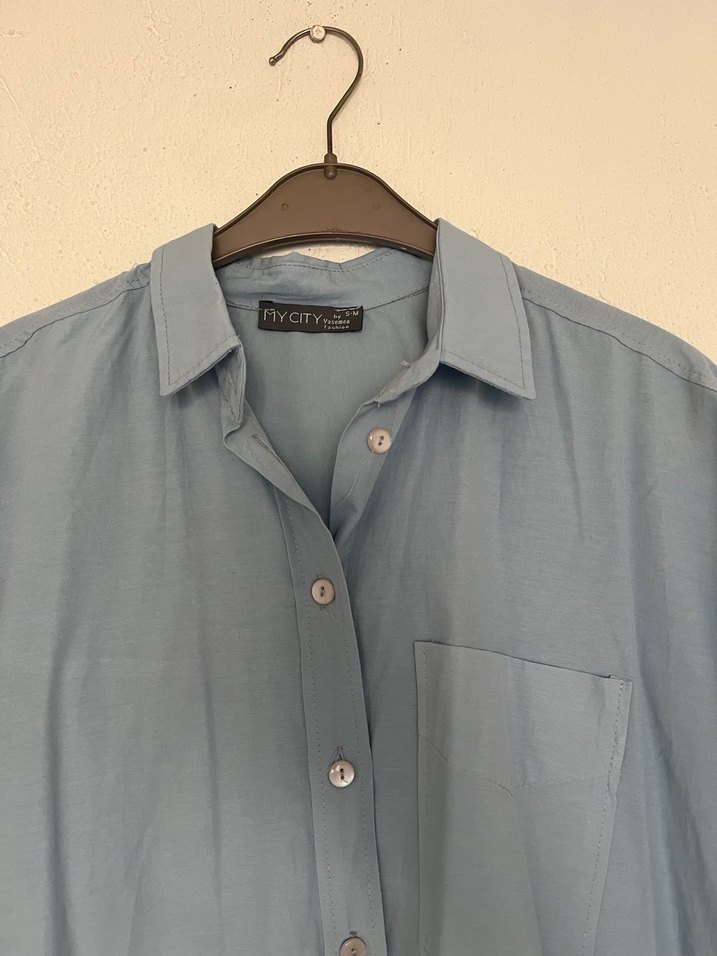 Düğmeli Uzun Kollu Denim Kadın Gömlek - Görsel 2