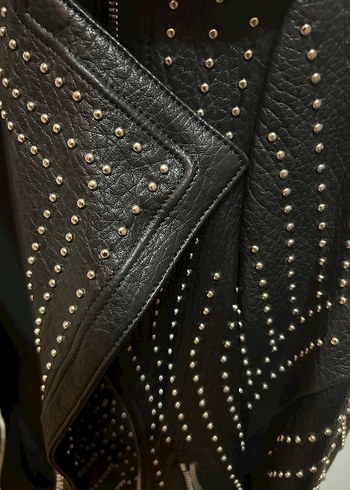 %100 gerçek deri Troklu Biker Ceket - Görsel 3