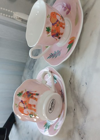 Beden pembe Renk Pembe Fil Desenli Porselen Fincan Takımı