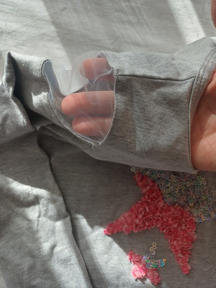 Kız Çocuk Gri Uzun Kollu Payetli Nakışlı Tişört - Görsel 4