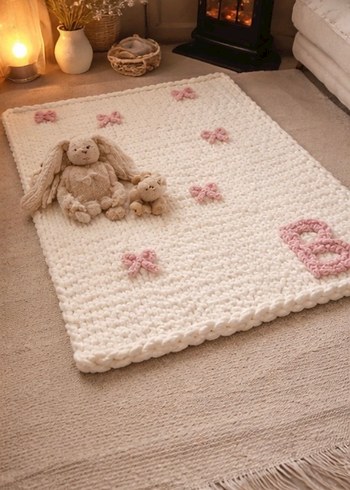 Nakışlı Beyaz Örgü Çocuk Battaniyesi - Görsel 4