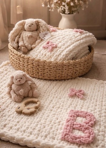 Nakışlı Beyaz Örgü Çocuk Battaniyesi - Görsel 2