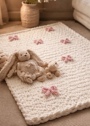 Nakışlı Beyaz Örgü Çocuk Battaniyesi - Görsel 3