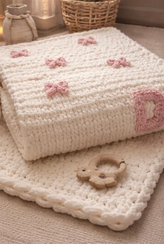 Nakışlı Beyaz Örgü Çocuk Battaniyesi - Görsel 5