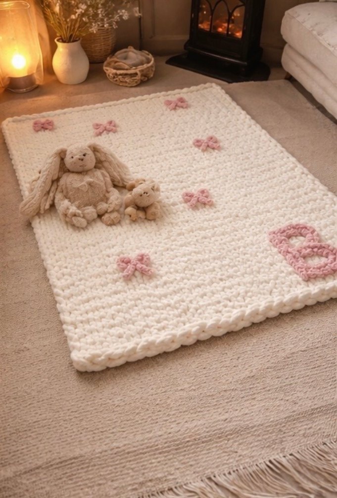 Nakışlı Beyaz Örgü Çocuk Battaniyesi - Görsel 4