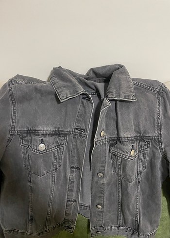 Gri Kadın Denim Ceket, Düğmeli, Sokak Stili