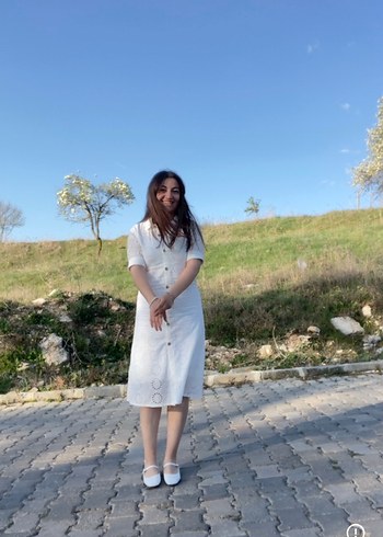 Abiye Düğmeli Beyaz Midi Pamuk Elbise