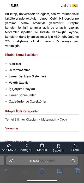  Beden Lineer cebir üniversite kitabı