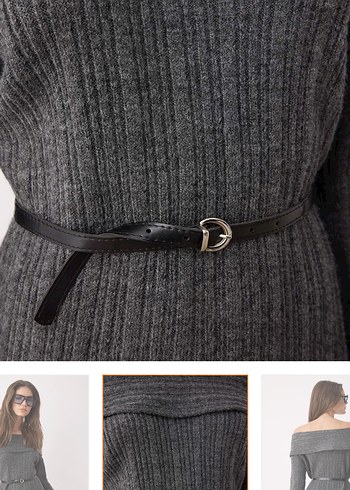 Gri Kemerli Triko Midi Elbise - Görsel 2