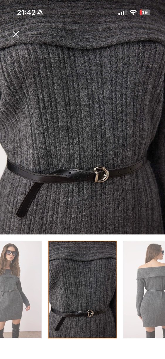 Gri Kemerli Triko Midi Elbise - Görsel 2