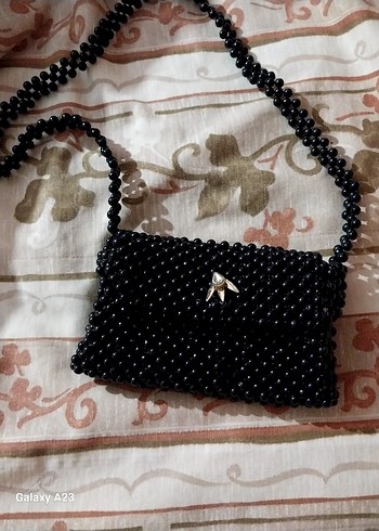 Boncuk İşlemeli Siyah Örgü Kadın Çanta - Görsel 3