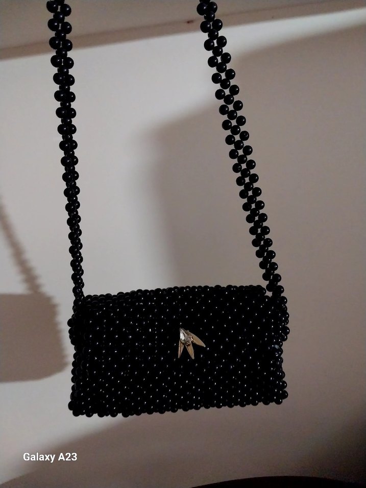 Boncuk İşlemeli Siyah Örgü Kadın Çanta - Görsel 2