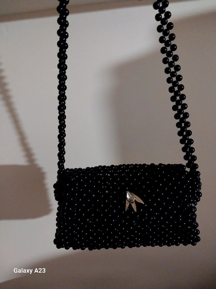 Boncuk İşlemeli Siyah Örgü Kadın Çanta - Görsel 4