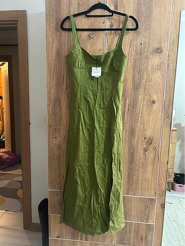 Zara Yağ yeşili zara elbise keten