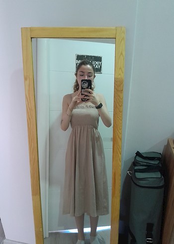 Zara Bej Straplez Midi Elbise