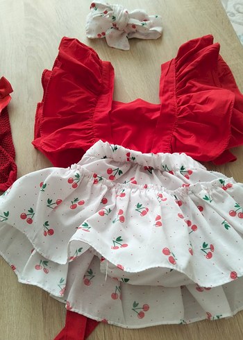 Kız bebek Kirazlı Salopet Elbise Set - Görsel 5