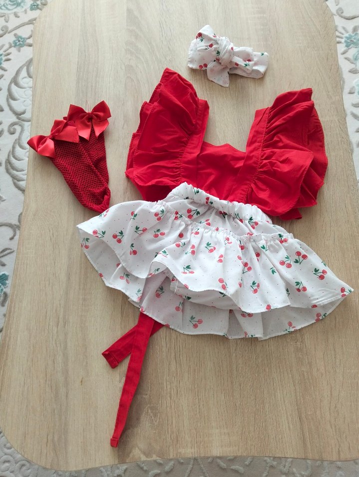 Kız bebek Kirazlı Salopet Elbise Set - Görsel 2