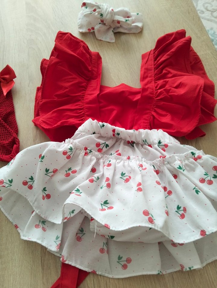 Kız bebek Kirazlı Salopet Elbise Set - Görsel 5