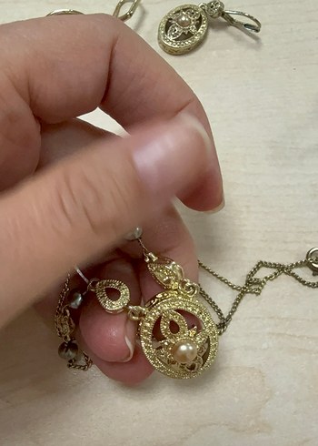 Beden altın Renk Vintage Nakışlı Zincir Detaylı Altın Takı Seti
