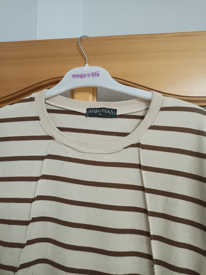 Bej Çizgili Kadın Uzun Kollu Sweatshirt - Görsel 3