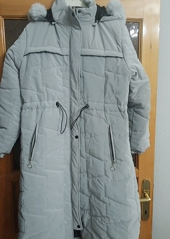 Kadın Gri Uzun Mont, Kürklü, Rahat Kesim - Görsel 2