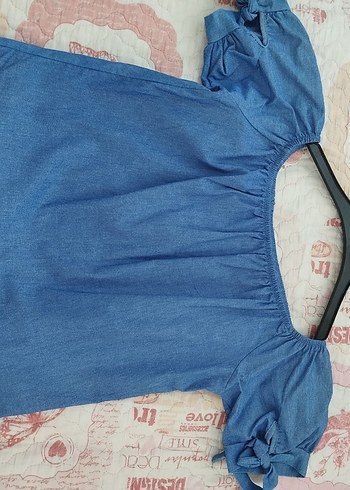Diğer Volan Detaylı Kısa Kollu Mavi Denim Bluz